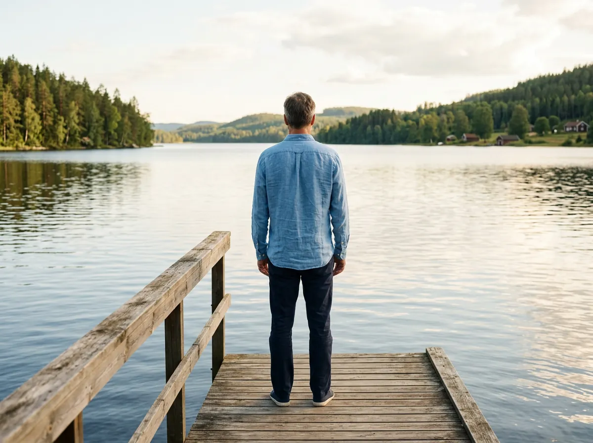 Aktiv man blickar ut mot en lugn svensk sjö - wellness och aktiv livsstil